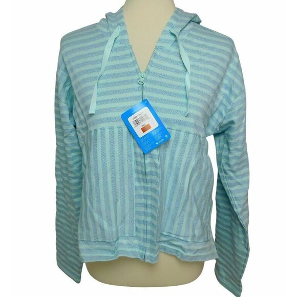 Columbia Women's Medium Jacket Blue Stripes Athletic Hood Full Zip Long Sleeve - Picture 1 of 5